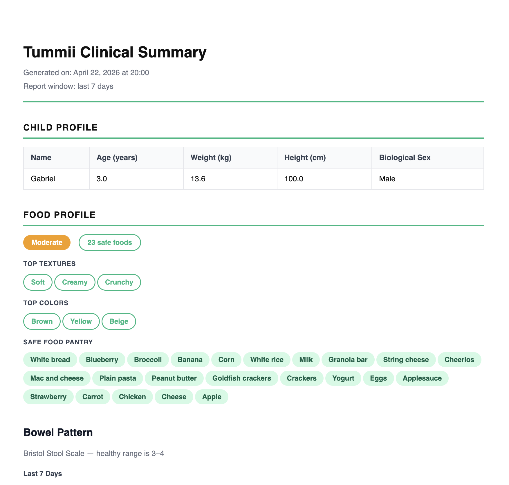 Galet clinical summary export showing child profile, food profile with safe food pantry, and bowel pattern data