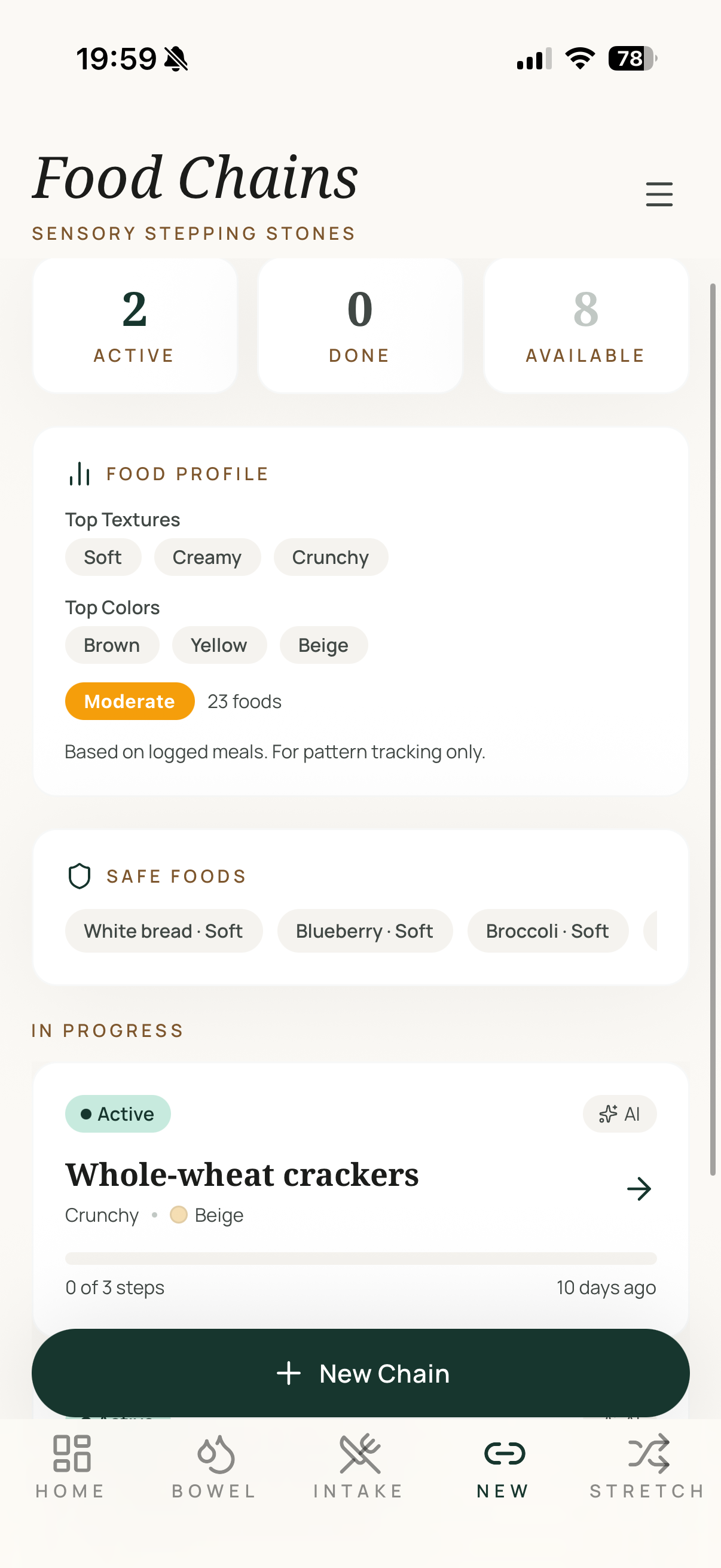 Food Chains screen with active chain and food profile