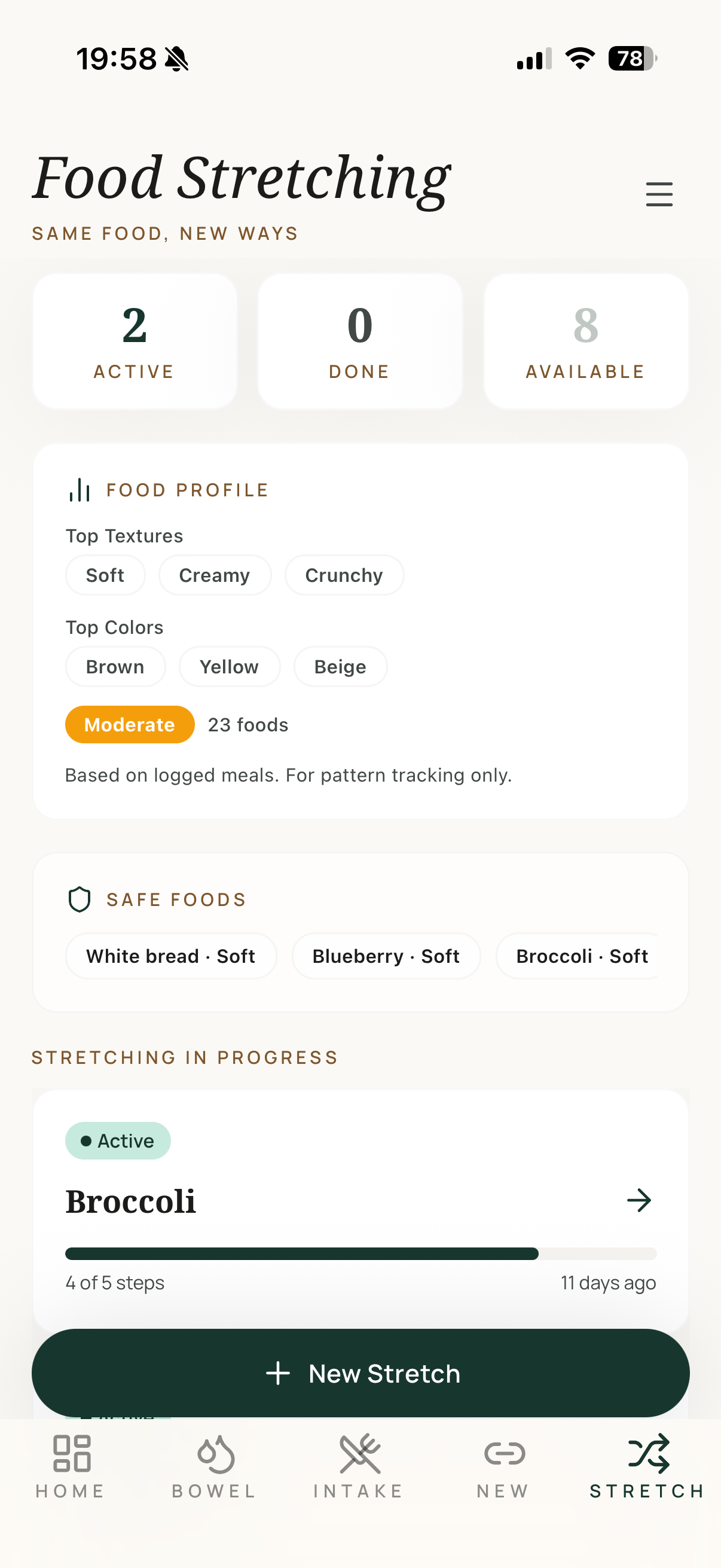 Food Stretching screen with active stretches and food profile