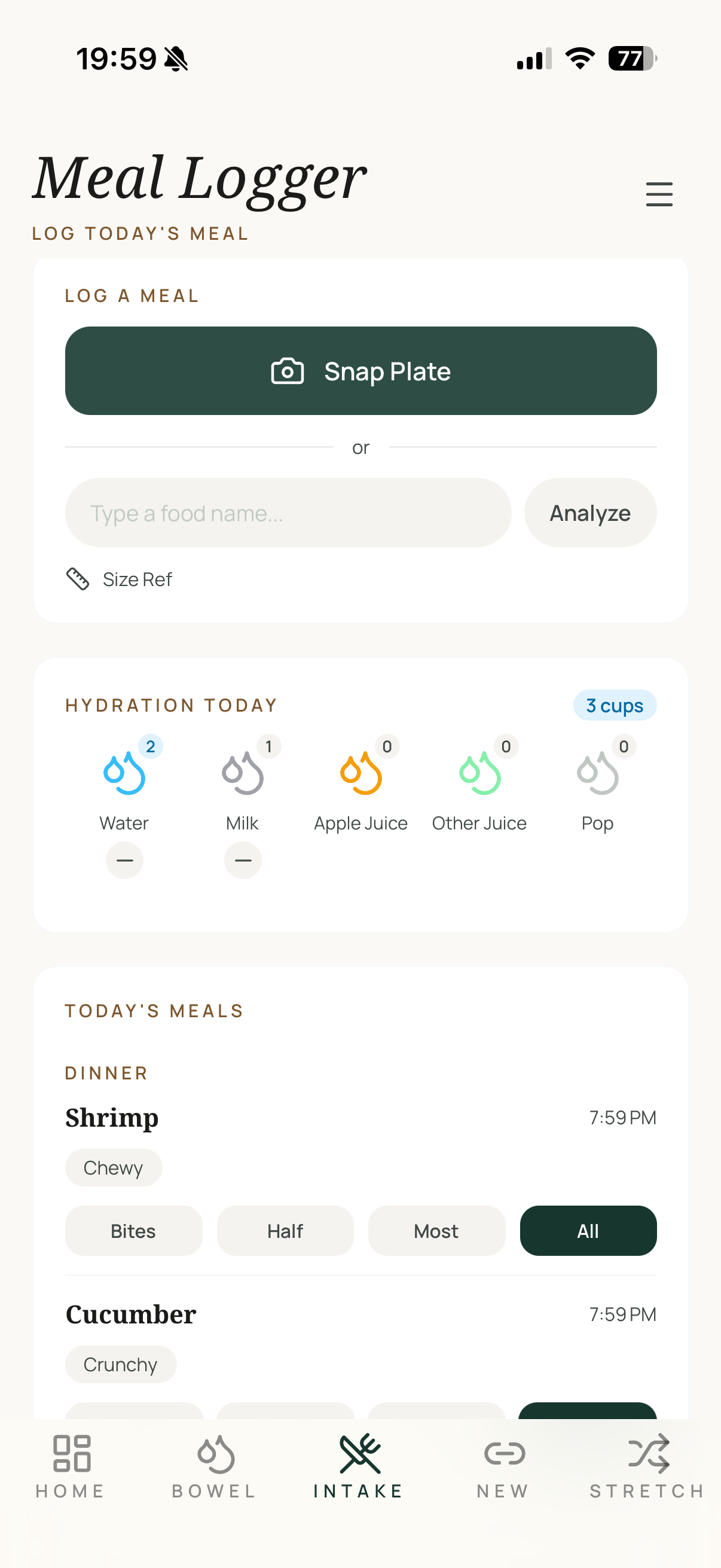 Galet meal logger showing Snap Plate, hydration tracking, and today's meals